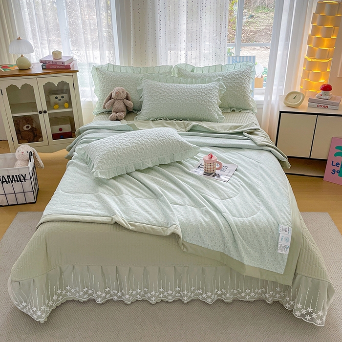 91家纺网 家纺一手货源 找家纺 艺慕家纺 2026新款直播热款古法仿棉AB版水洗棉印花双层蕾丝花边夏被床盖四件套 AB版-薄荷绿