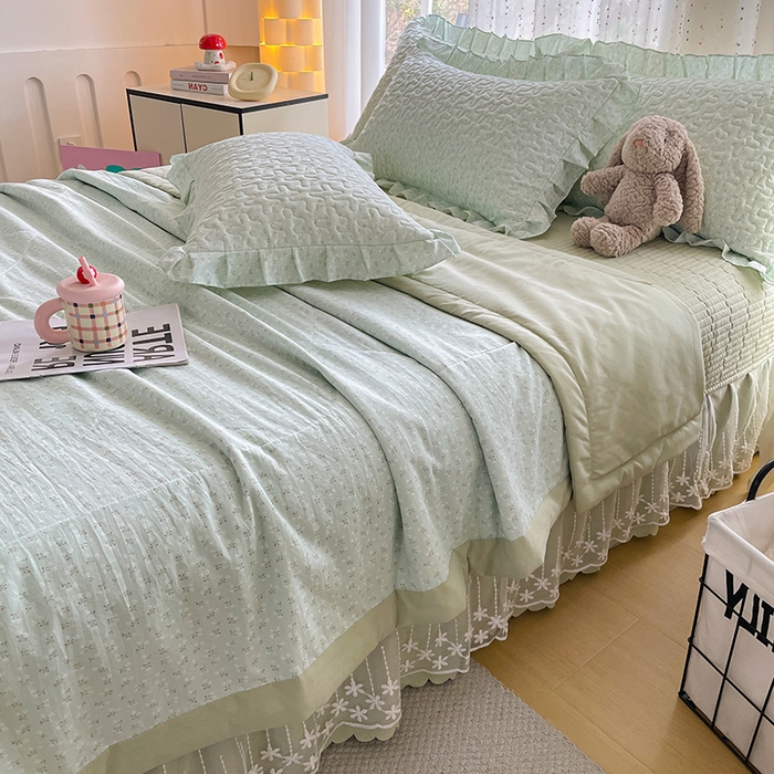 91家纺网 家纺一手货源 找家纺 艺慕家纺 2026新款直播热款古法仿棉AB版水洗棉印花双层蕾丝花边夏被床盖四件套 AB版-薄荷绿