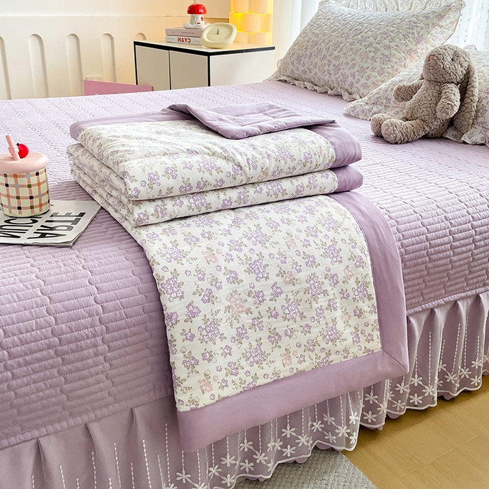 艺慕家纺 2026新款直播热款古法仿棉AB版水洗棉印花双层蕾丝花边夏被床盖四件套 AB版-丁香花