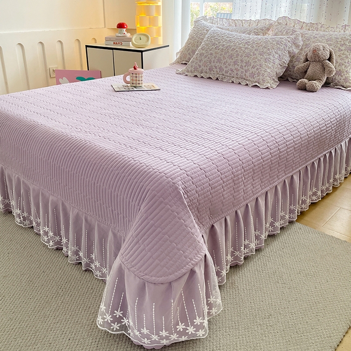 91家纺网 家纺一手货源 找家纺 艺慕家纺 2026新款直播热款古法仿棉AB版水洗棉印花双层蕾丝花边夏被床盖四件套 AB版-丁香花