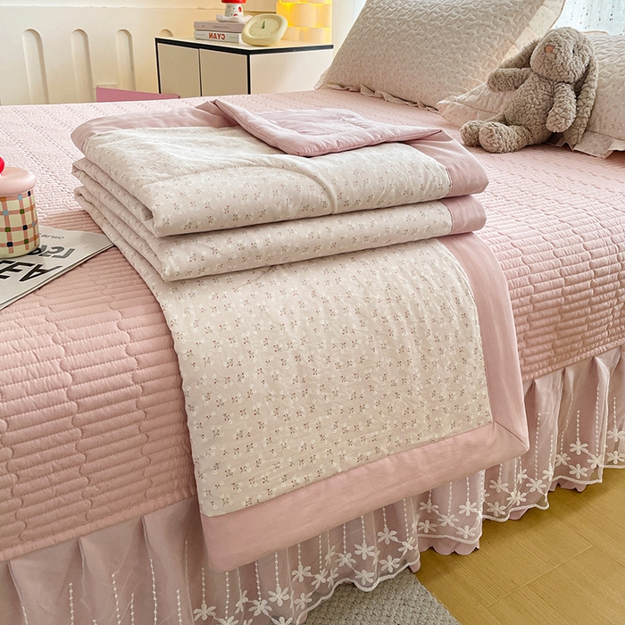 艺慕家纺 2026新款直播热款古法仿棉AB版水洗棉印花双层蕾丝花边夏被床盖四件套 AB版-粉黛庄园