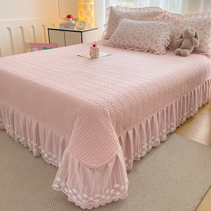 91家纺网 家纺一手货源 找家纺 艺慕家纺 2026新款直播热款古法仿棉AB版水洗棉印花双层蕾丝花边夏被床盖四件套 AB版-粉色樱花