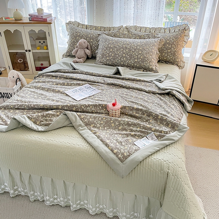 91家纺网 家纺一手货源 找家纺 艺慕家纺 2026新款直播热款古法仿棉AB版水洗棉印花双层蕾丝花边夏被床盖四件套 AB版-金盏花语