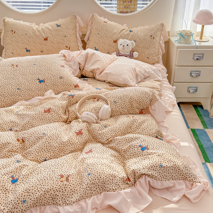 91家纺网 家纺一手货源 找家纺 橘子家 2026新款全棉雪纺四件套 豹纹小狗