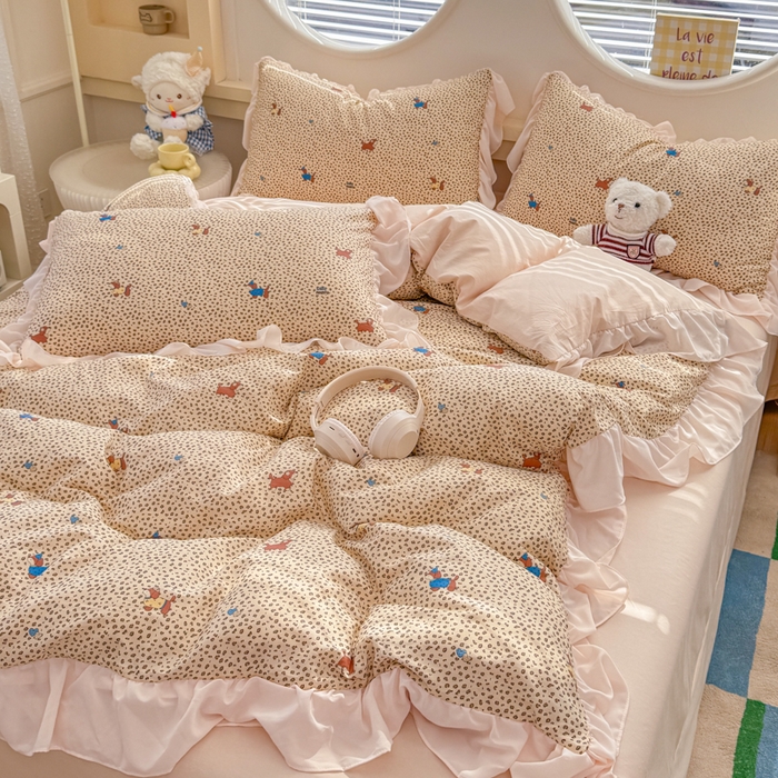 91家纺网 家纺一手货源 找家纺 橘子家 2026新款全棉雪纺四件套 豹纹小狗