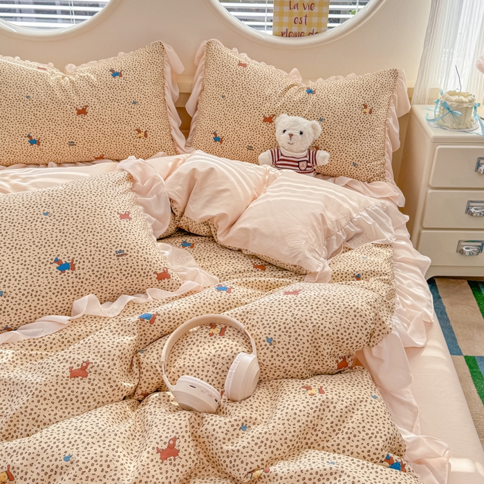 91家纺网 家纺一手货源 找家纺 橘子家 2026新款全棉雪纺四件套 豹纹小狗