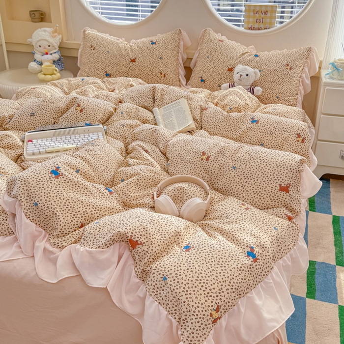 91家纺网 家纺一手货源 找家纺 橘子家 2026新款全棉雪纺四件套 豹纹小狗