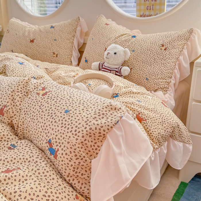 91家纺网 家纺一手货源 找家纺 橘子家 2026新款全棉雪纺四件套 豹纹小狗