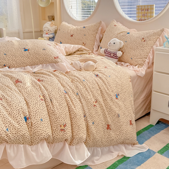 91家纺网 家纺一手货源 找家纺 橘子家 2026新款全棉雪纺四件套 豹纹小狗