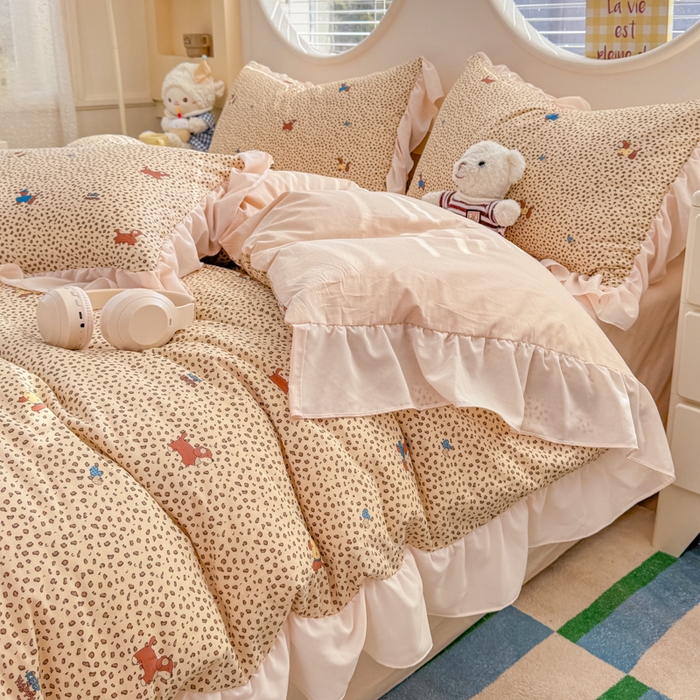 91家纺网 家纺一手货源 找家纺 橘子家 2026新款全棉雪纺四件套 豹纹小狗