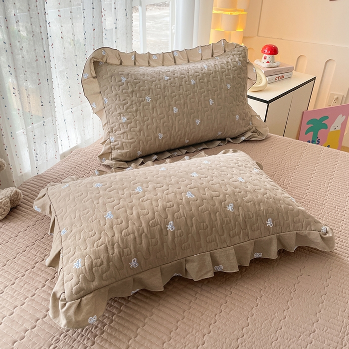 91家纺网 家纺一手货源 找家纺 艺慕家纺 2026新款直播热款古法仿棉AB版水洗棉印花双层蕾丝花边夏被床盖四件套 AB版-咖色蝴蝶结