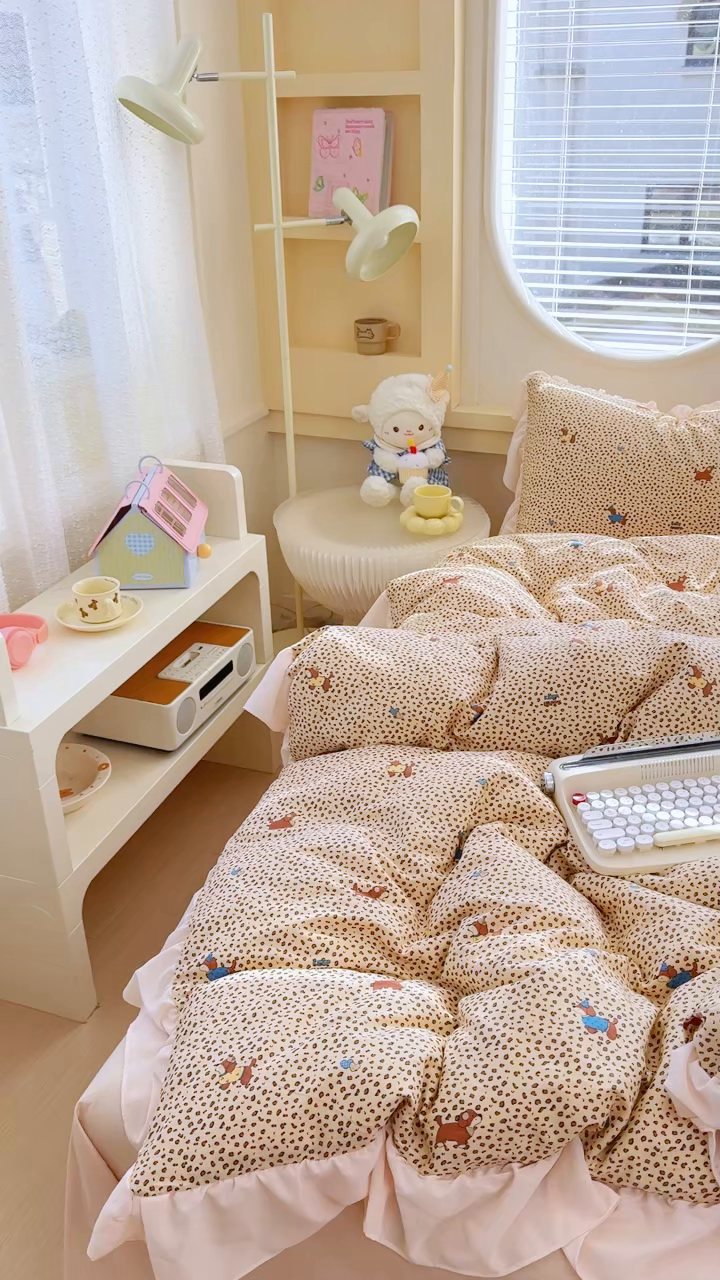 91家纺网 家纺一手货源 找家纺 橘子家 2026新款全棉雪纺四件套 豹纹小狗