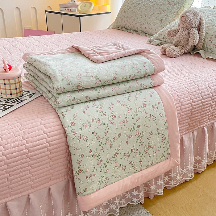 艺慕家纺 2026新款直播热款古法仿棉AB版水洗棉印花双层蕾丝花边夏被床盖四件套 AB版-雾紫花蔓