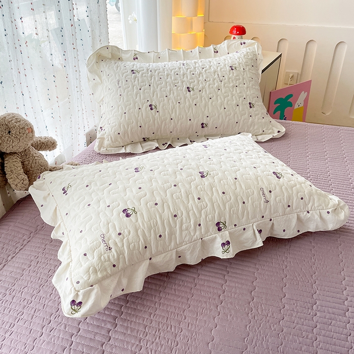 91家纺网 家纺一手货源 找家纺 艺慕家纺 2026新款直播热款古法仿棉AB版水洗棉印花双层蕾丝花边夏被床盖四件套 AB版-紫色樱桃