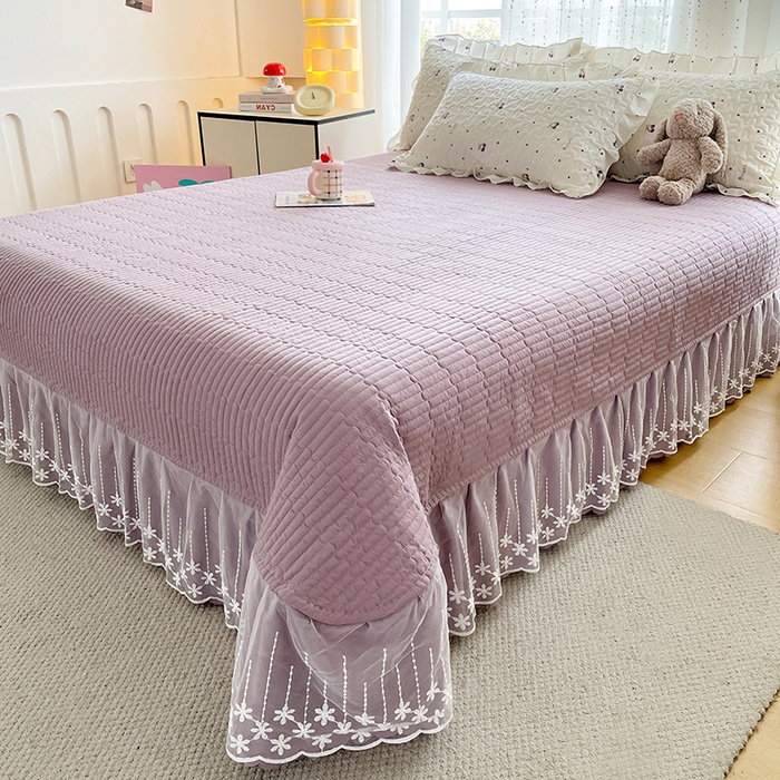 91家纺网 家纺一手货源 找家纺 艺慕家纺 2026新款直播热款古法仿棉AB版水洗棉印花双层蕾丝花边夏被床盖四件套 AB版-紫色樱桃