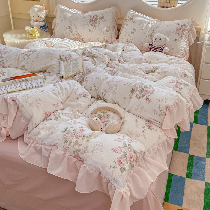 91家纺网 家纺一手货源 找家纺 橘子家 2026新款全棉雪纺四件套 翩翩花语-粉