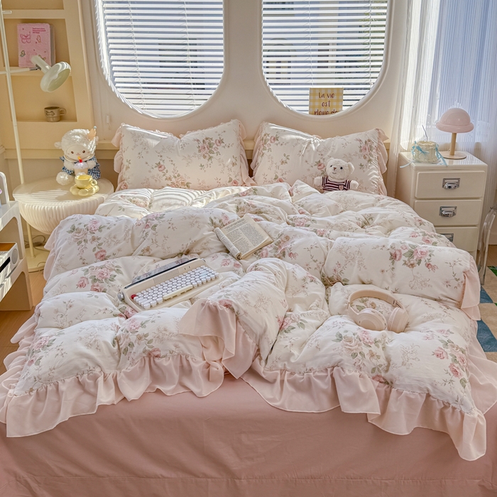 91家纺网 家纺一手货源 找家纺 橘子家 2026新款全棉雪纺四件套 翩翩花语-粉