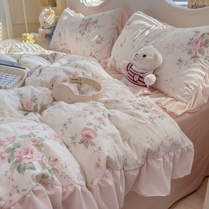 91家纺网 家纺一手货源 找家纺 橘子家 2026新款全棉雪纺四件套 翩翩花语-粉