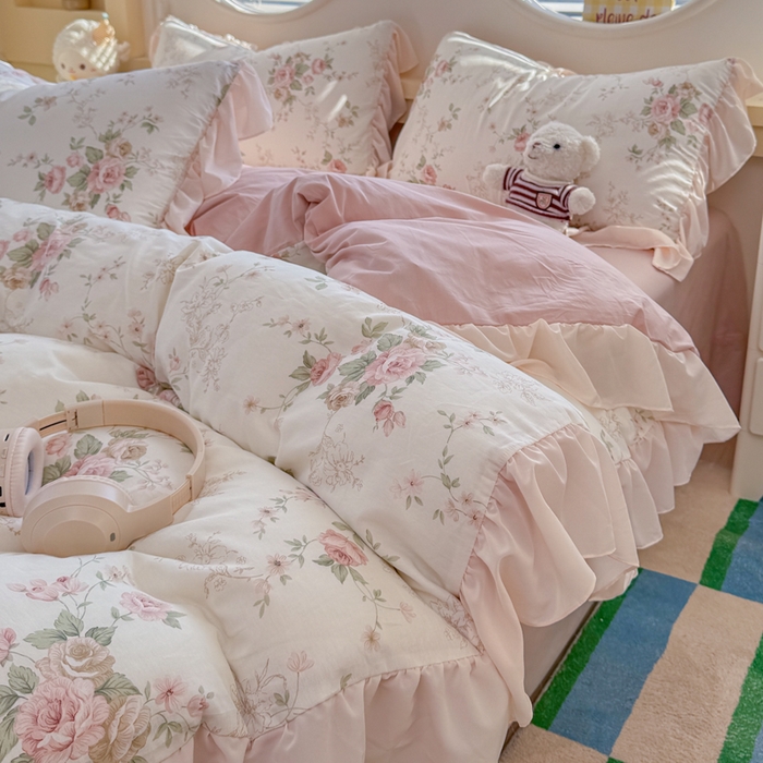 91家纺网 家纺一手货源 找家纺 橘子家 2026新款全棉雪纺四件套 翩翩花语-粉