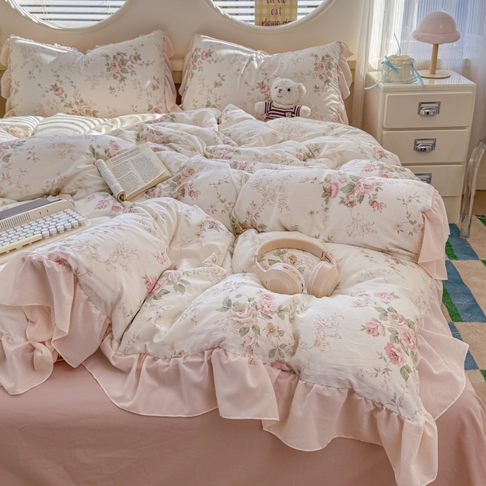 91家纺网 家纺一手货源 找家纺 橘子家 2026新款全棉雪纺四件套 翩翩花语-粉