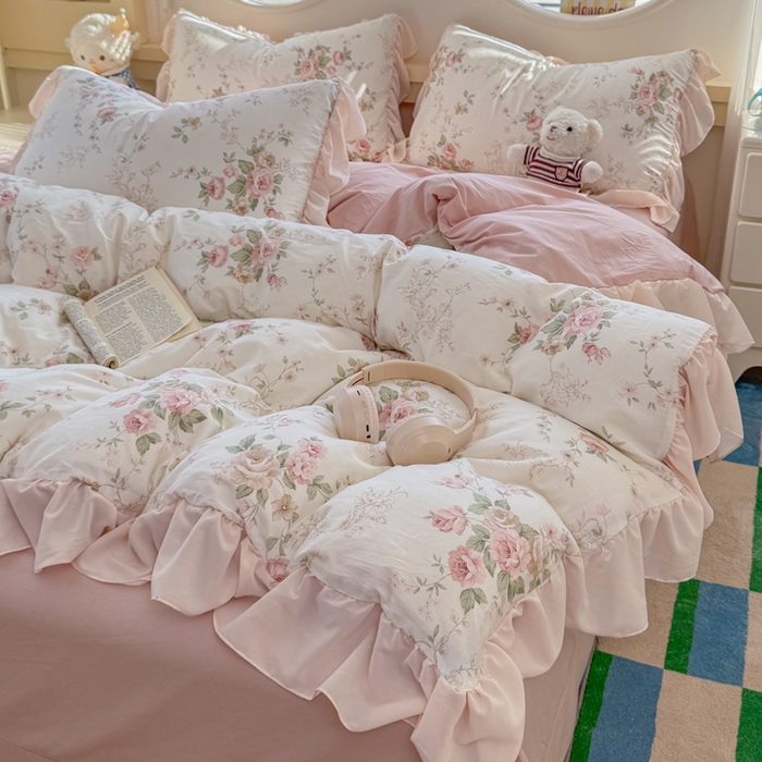 91家纺网 家纺一手货源 找家纺 橘子家 2026新款全棉雪纺四件套 翩翩花语-粉