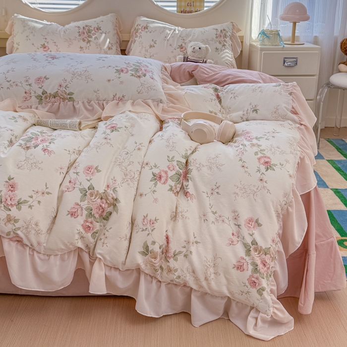 91家纺网 家纺一手货源 找家纺 橘子家 2026新款全棉雪纺四件套 翩翩花语-粉