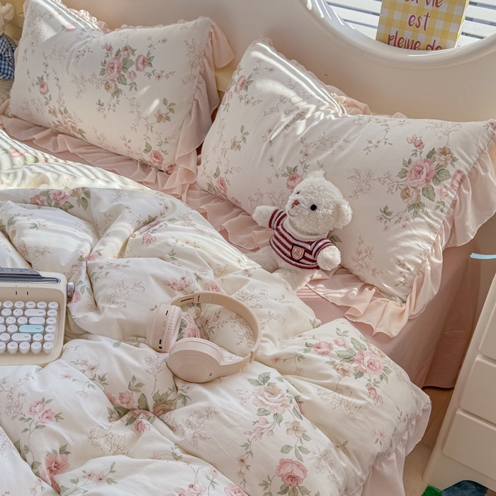 91家纺网 家纺一手货源 找家纺 橘子家 2026新款全棉雪纺四件套 翩翩花语-粉