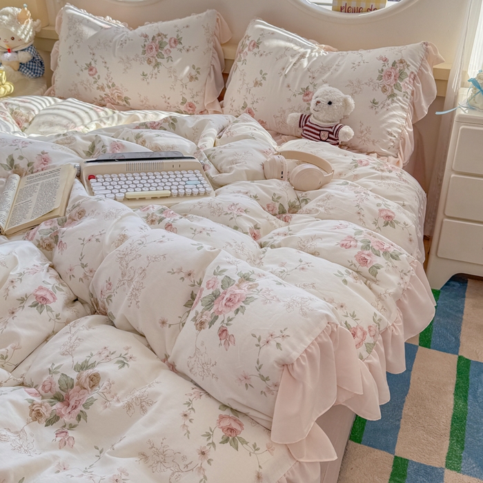 91家纺网 家纺一手货源 找家纺 橘子家 2026新款全棉雪纺四件套 翩翩花语-粉