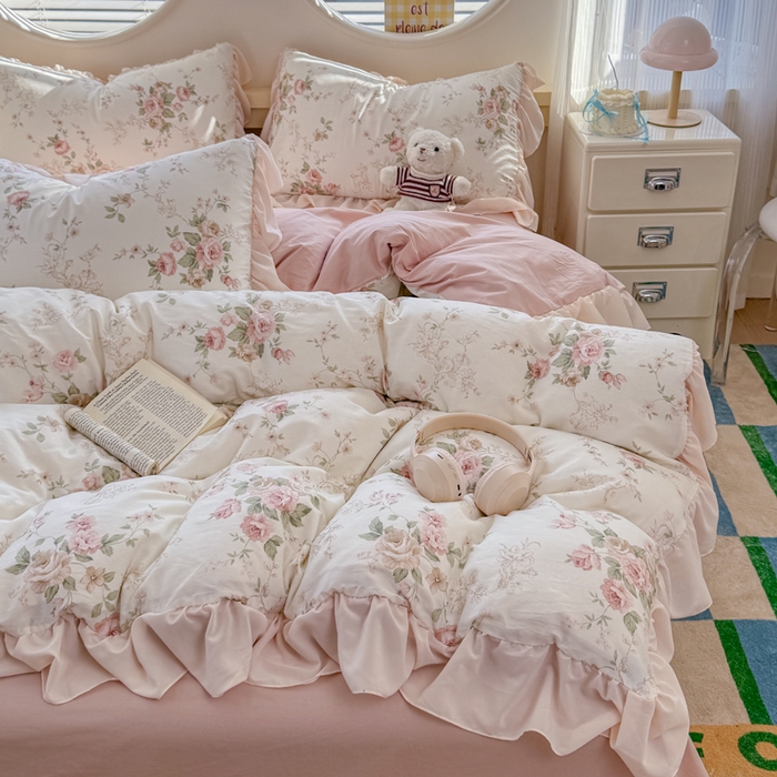 91家纺网 家纺一手货源 找家纺 橘子家 2026新款全棉雪纺四件套 翩翩花语-粉