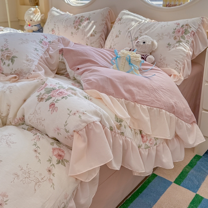 91家纺网 家纺一手货源 找家纺 橘子家 2026新款全棉雪纺四件套 翩翩花语-粉