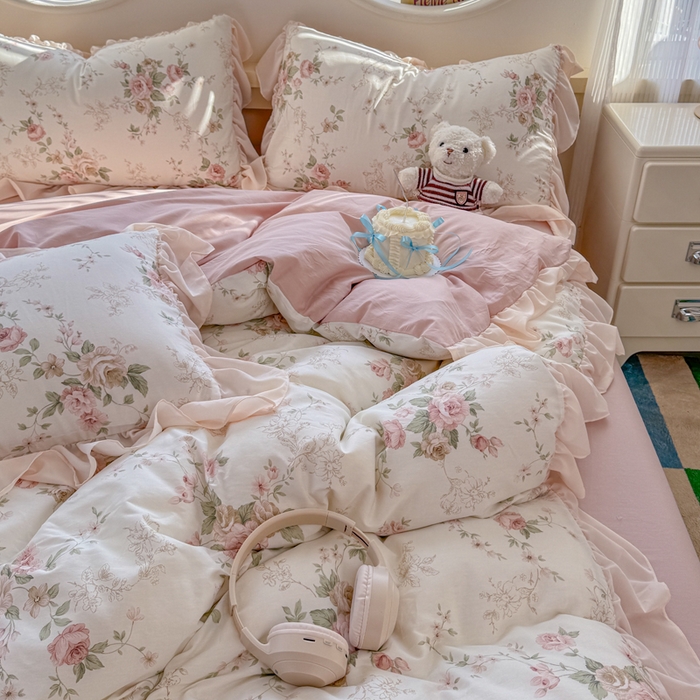 91家纺网 家纺一手货源 找家纺 橘子家 2026新款全棉雪纺四件套 翩翩花语-粉