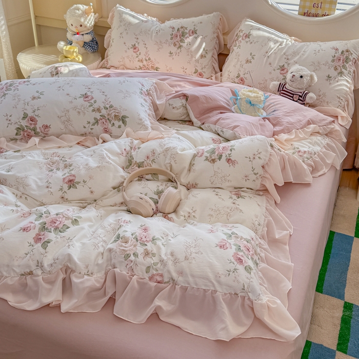 91家纺网 家纺一手货源 找家纺 橘子家 2026新款全棉雪纺四件套 翩翩花语-粉