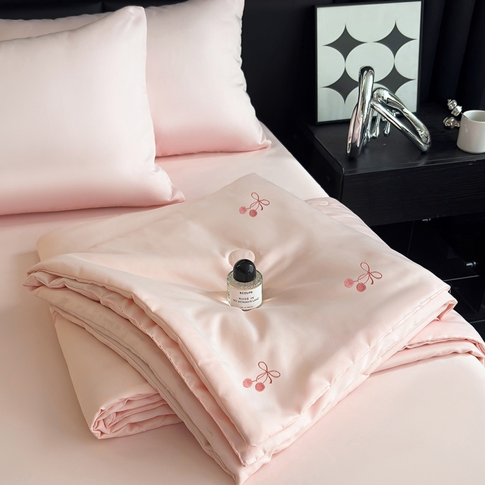 暖意家纺 2026春夏新款水洗真丝夏被夏凉被空调被四件套 樱桃之恋 粉