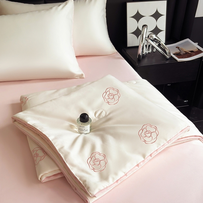 暖意家纺 2026春夏新款水洗真丝夏被夏凉被空调被四件套 玫瑰花香-米粉