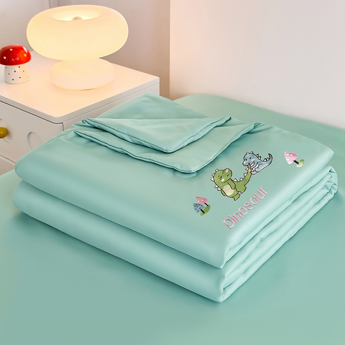 暖意家纺 2026春夏新款水洗真丝夏被夏凉被空调被四件套 欢乐恐龙-绿