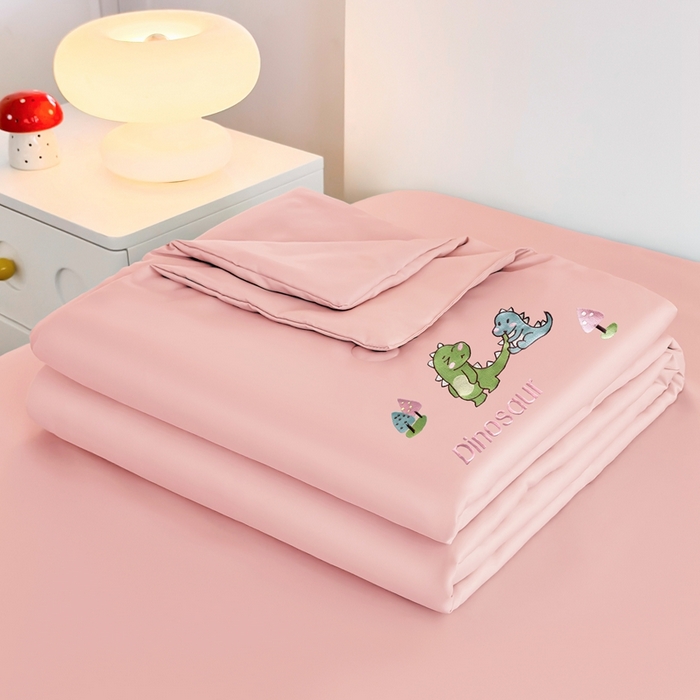暖意家纺 2026春夏新款水洗真丝夏被夏凉被空调被四件套 欢乐恐龙-粉