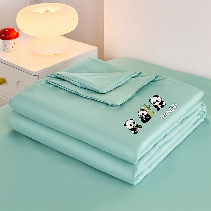 暖意家纺 2026春夏新款水洗真丝夏被夏凉被空调被四件套 三只熊猫-绿