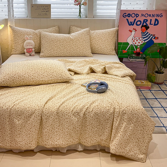 91家纺网 家纺一手货源 找家纺 一加一 2026新款全棉小花边碎花大豆夏被-棉云花畔 杏芙