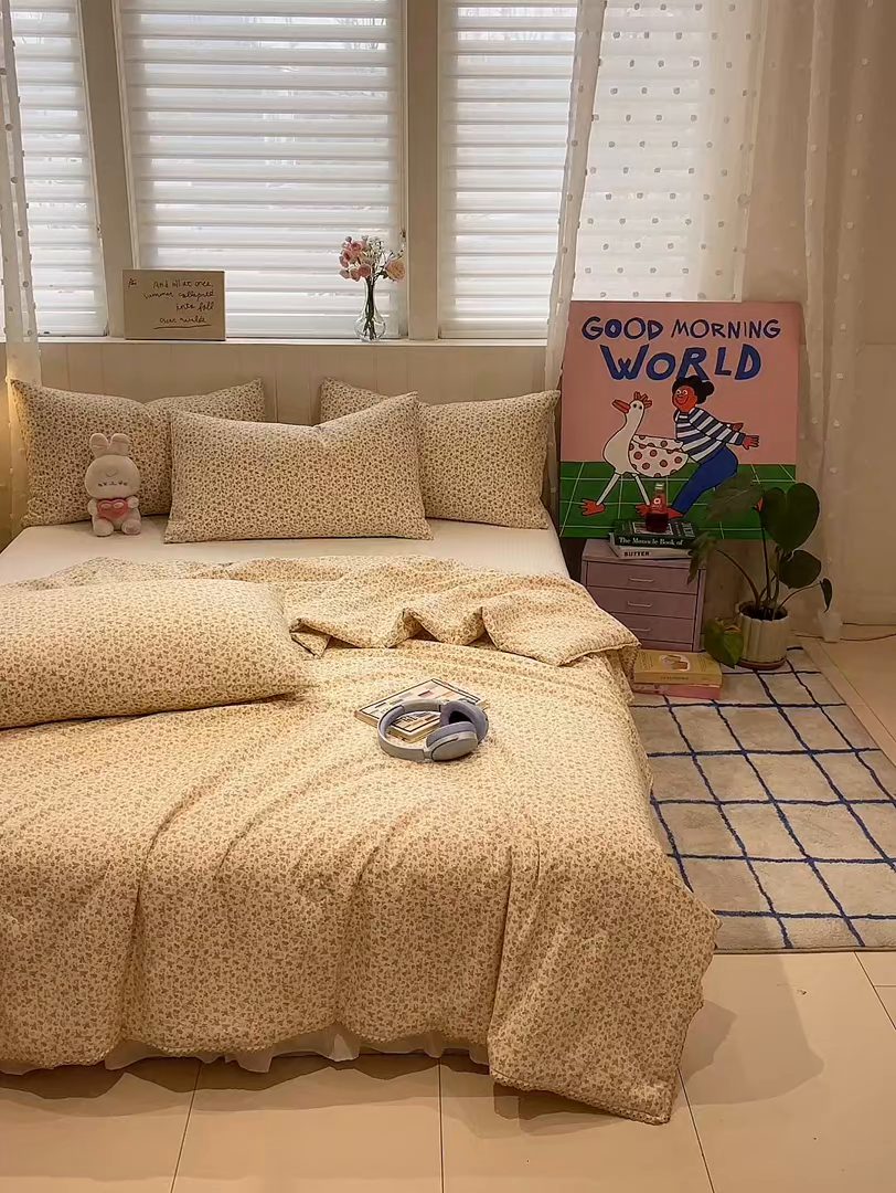 91家纺网 家纺一手货源 找家纺 一加一 2026新款全棉小花边碎花大豆夏被-棉云花畔 杏芙