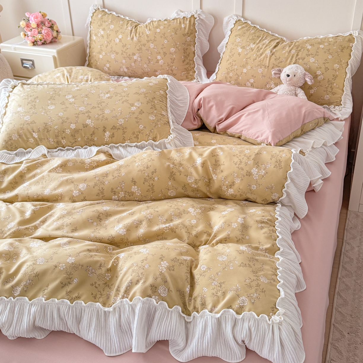 91家纺网 家纺一手货源 找家纺 橘子家 2026新款柔肤棉床单四件套 漫山茶花