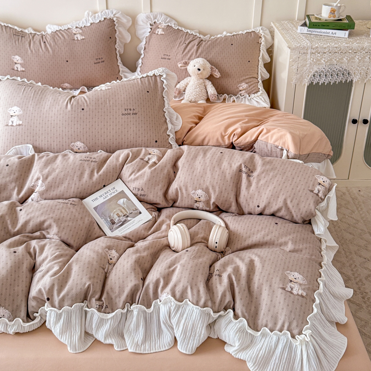 91家纺网 家纺一手货源 找家纺 橘子家 2026新款柔肤棉床单四件套 奶芙小狗