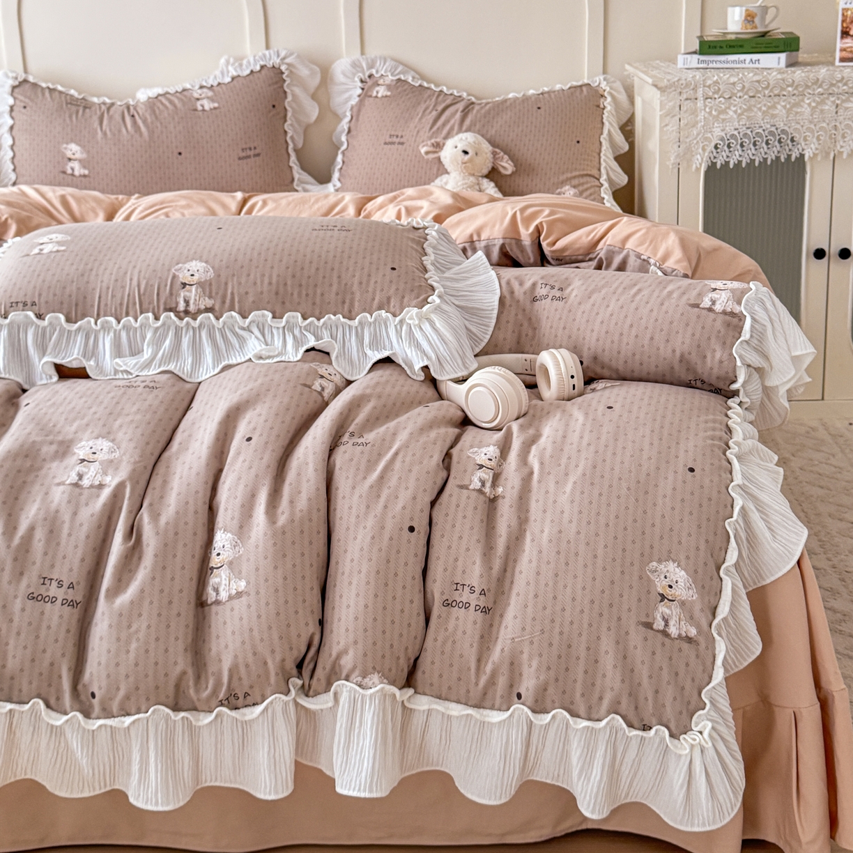 91家纺网 家纺一手货源 找家纺 橘子家 2026新款柔肤棉床单四件套 奶芙小狗