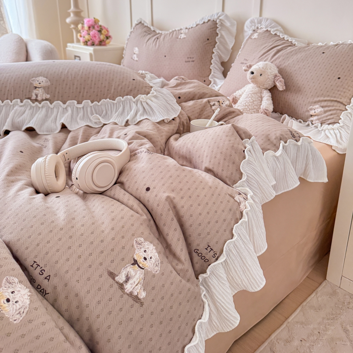 91家纺网 家纺一手货源 找家纺 橘子家 2026新款柔肤棉床单四件套 奶芙小狗