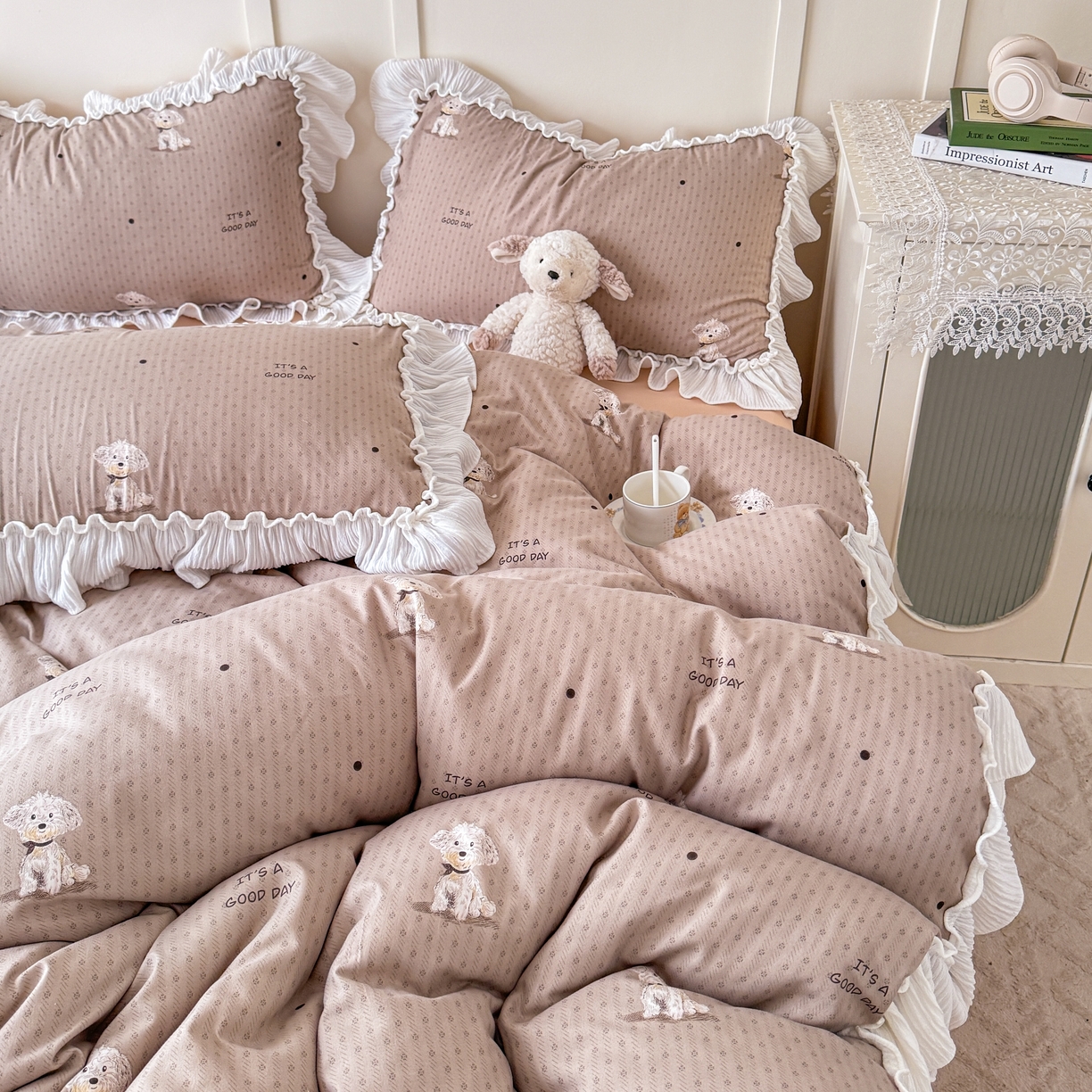 91家纺网 家纺一手货源 找家纺 橘子家 2026新款柔肤棉床单四件套 奶芙小狗