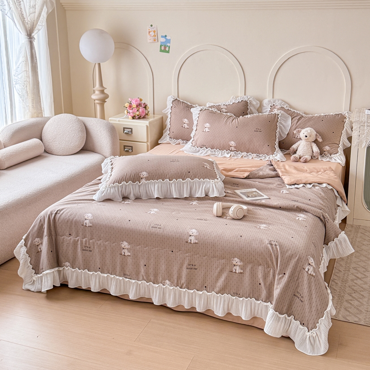 91家纺网 家纺一手货源 找家纺 橘子家 2026新款柔肤棉床单四件套 奶芙小狗