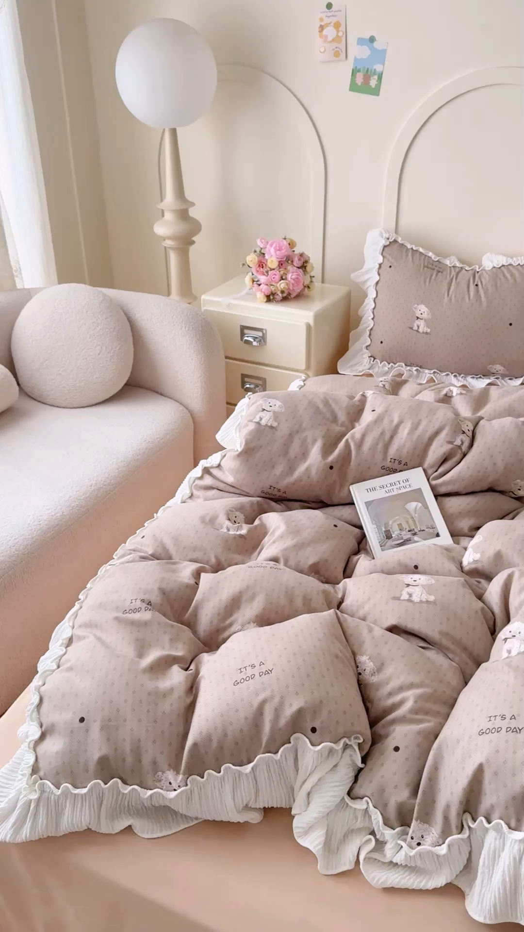 91家纺网 家纺一手货源 找家纺 橘子家 2026新款柔肤棉床单四件套 奶芙小狗