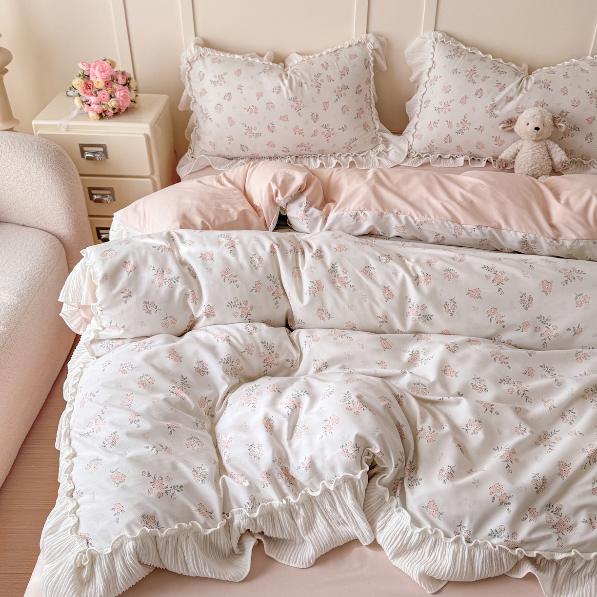 91家纺网 家纺一手货源 找家纺 橘子家 2026新款柔肤棉床单四件套 奶油小花