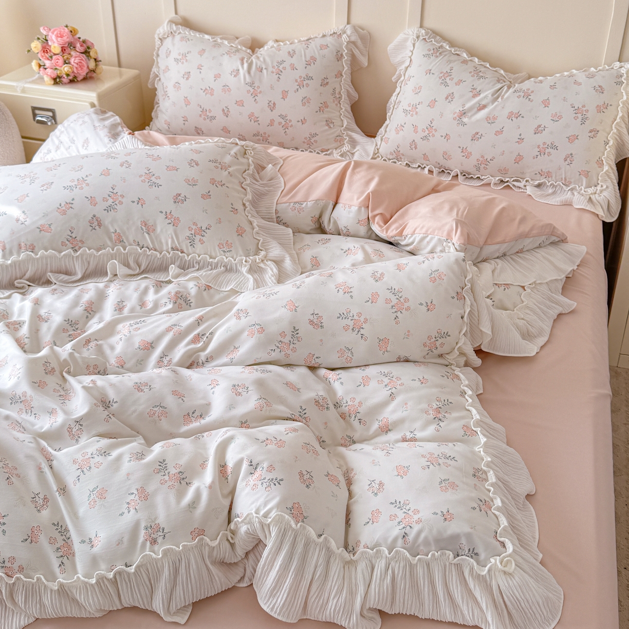 91家纺网 家纺一手货源 找家纺 橘子家 2026新款柔肤棉床单四件套 奶油小花