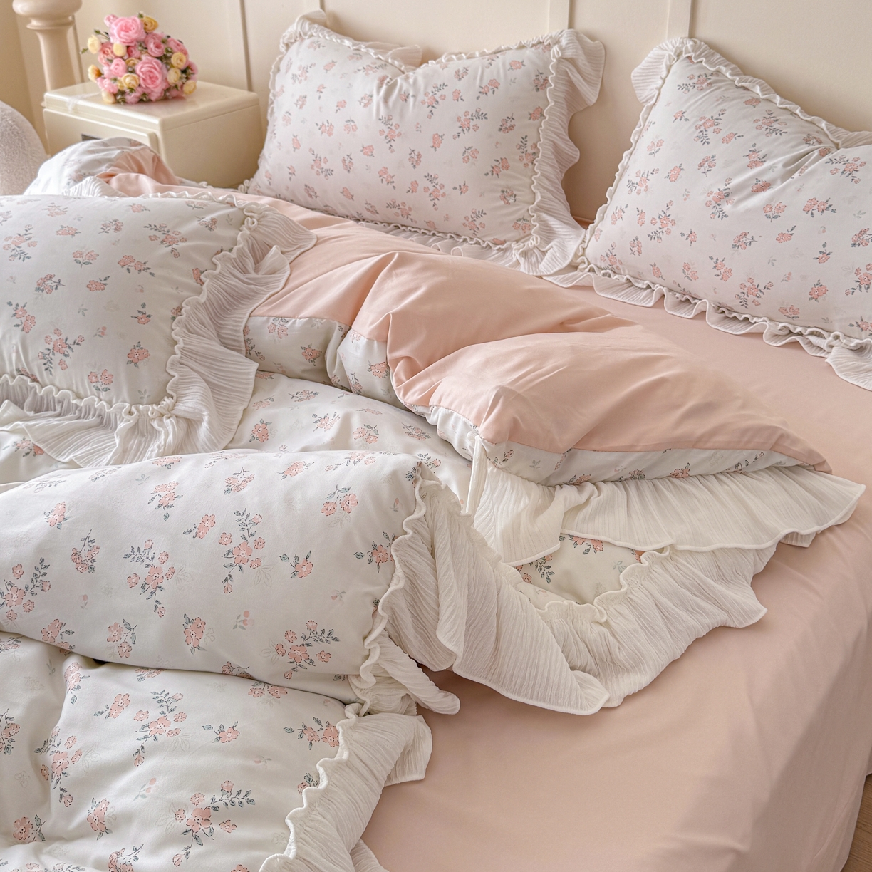 91家纺网 家纺一手货源 找家纺 橘子家 2026新款柔肤棉床单四件套 奶油小花