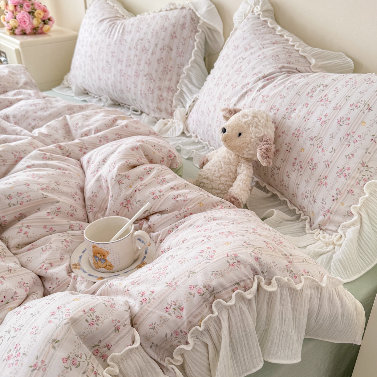 91家纺网 家纺一手货源 找家纺 橘子家 2026新款柔肤棉床单四件套 桃花诺